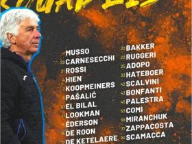 亚特兰大欧联杯名单：斯卡马卡领衔，库普梅纳斯、CDK在列