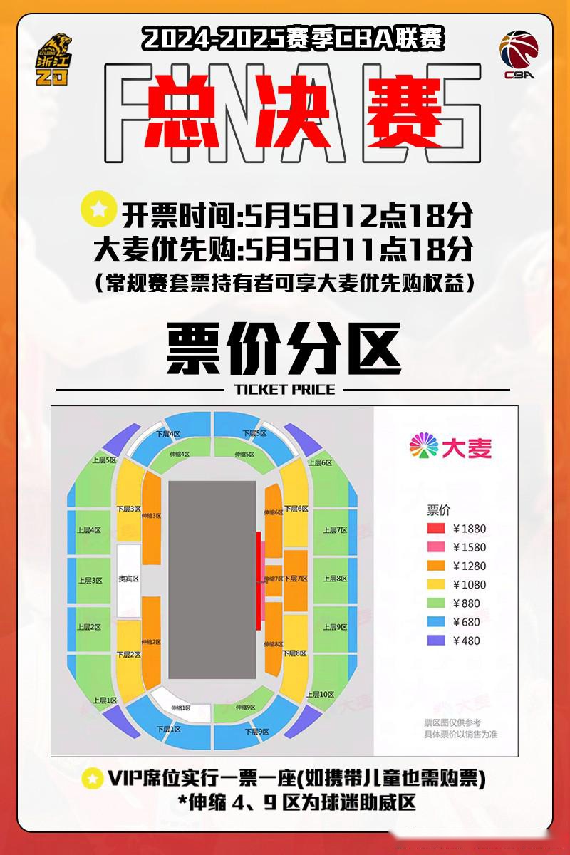 广厦主场总决赛门票最低480元&最高1880元，5月5日G1&G2开售
