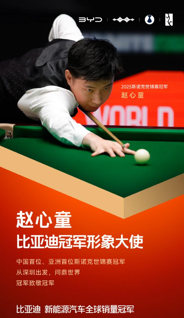官方：亚洲首位斯诺克世锦赛冠军赵心童成为比亚迪冠军形象大使