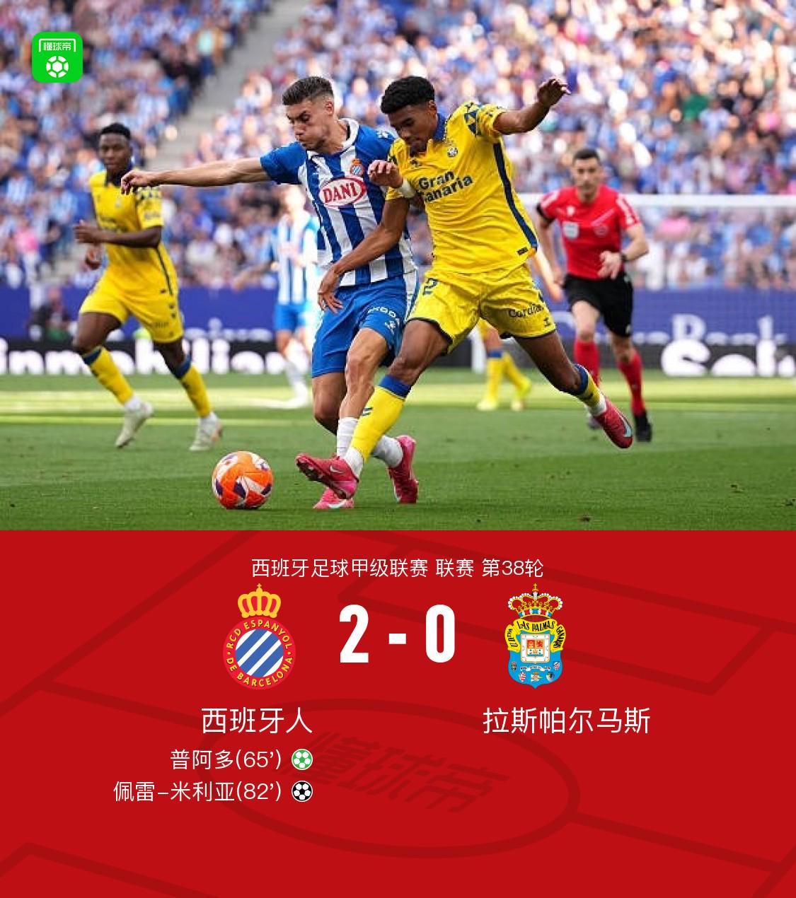 西班牙人2-0拉斯帕尔马斯保级成功，普阿多点射，米利亚破门