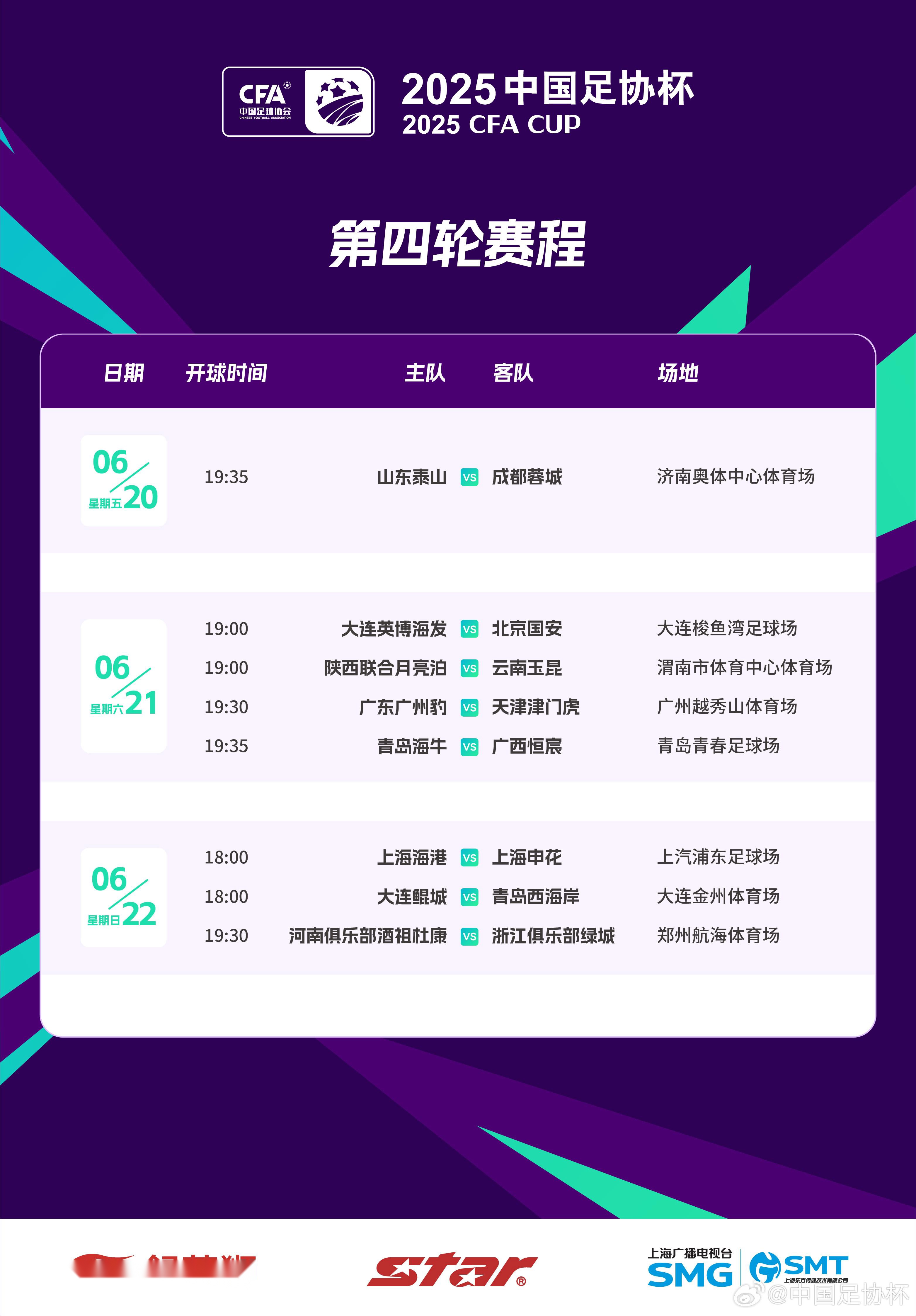 足协杯第四轮赛程：上海德比6月22日18点开踢