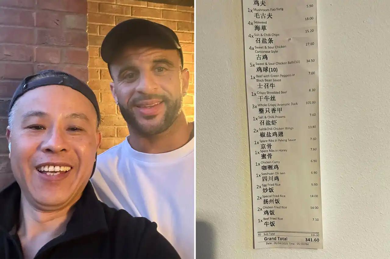 太阳报：沃克点了340英镑的中餐，包括105英镑的脆皮鸭