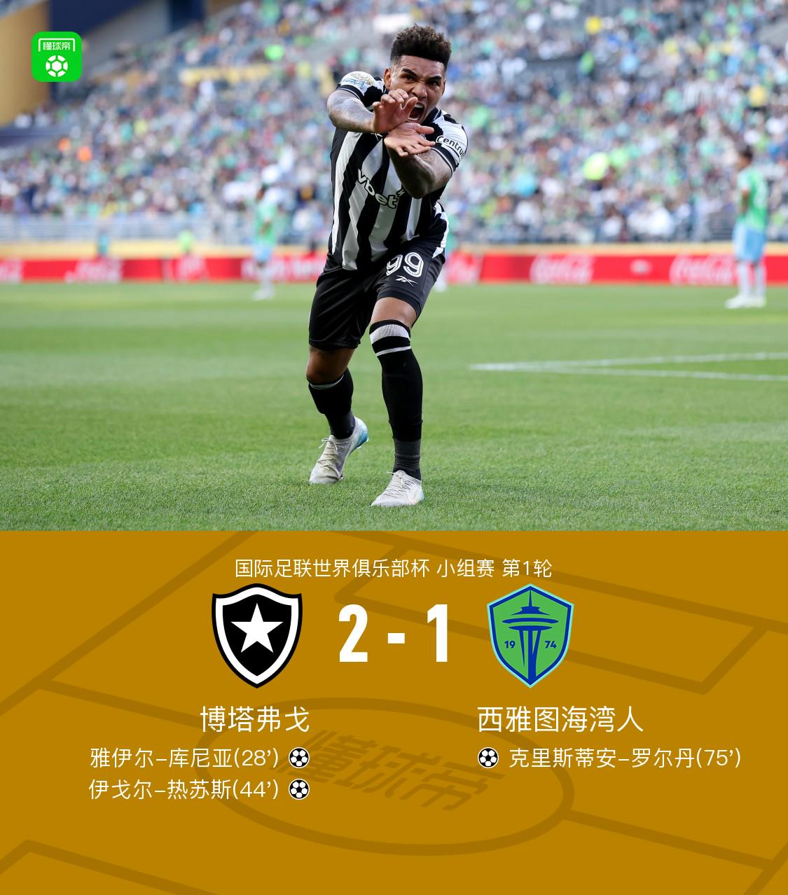 博塔弗戈2-1西雅图海湾人，雅伊尔-库尼亚、伊戈尔-热苏斯破门