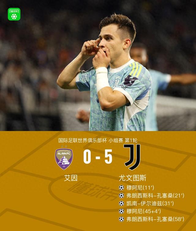 尤文5-0艾因，穆阿尼、小孔塞桑双响，伊尔迪兹破门
