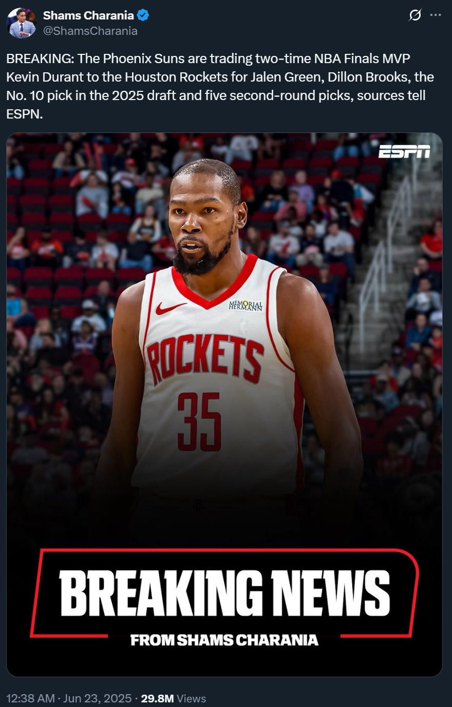 新沃神诞生？NBA记者Ary报道杜兰特交易仅比Shams晚了十几秒