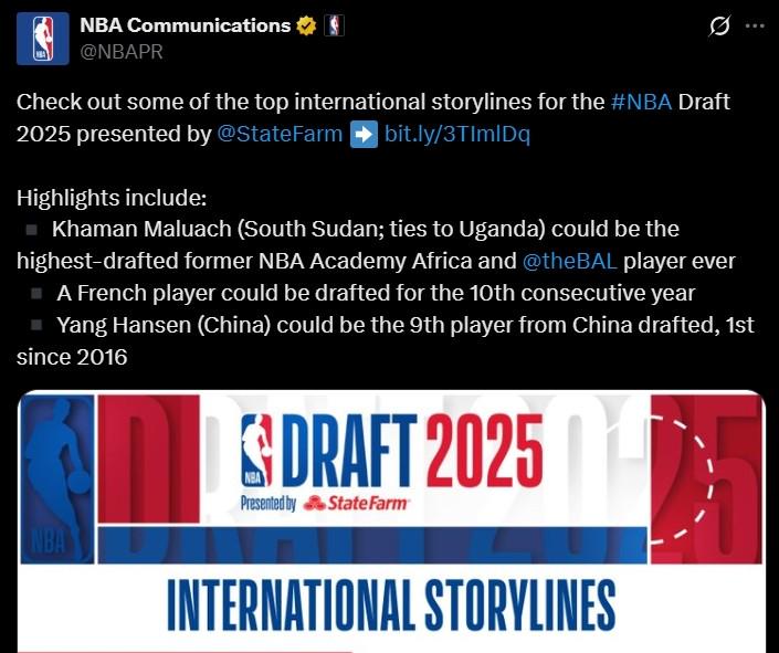 值得期待，NBA官方在今日选秀预热中提到杨瀚森