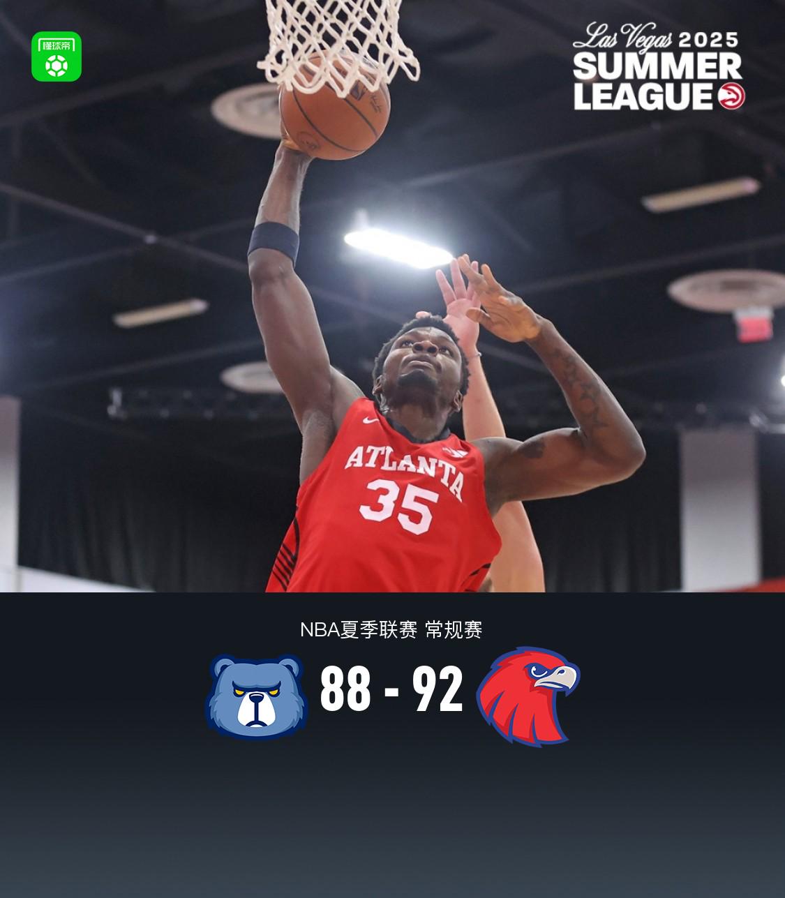 老鹰92-88险胜灰熊，杰克-麦克维19分，科比-巴夫金14+6