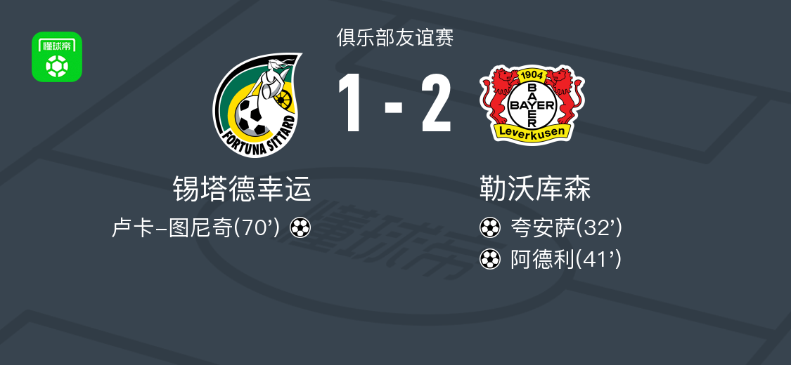 勒沃库森2-1锡塔德幸运，阿德利、夸安萨建功