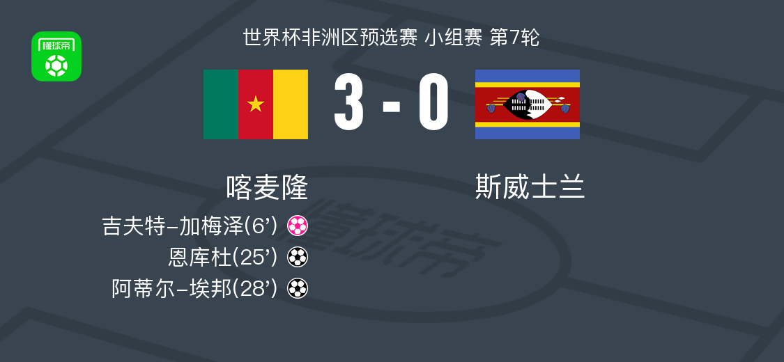 喀麦隆3-0大胜斯威士兰，阿蒂尔-埃邦破门，恩库杜建功