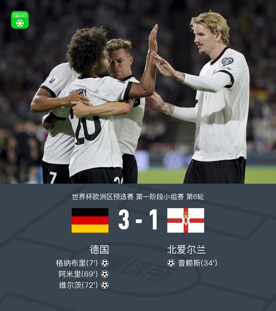 德国3-1北爱尔兰，维尔茨任意球破门，格纳布里、阿米里建功