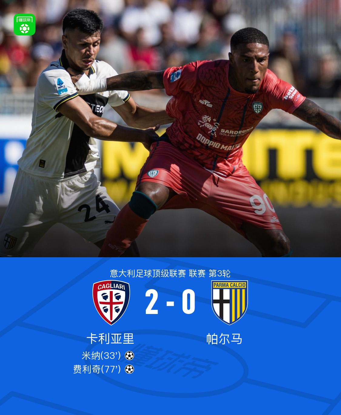 卡利亚里2-0帕尔马，米纳建功，费利奇锁定胜局