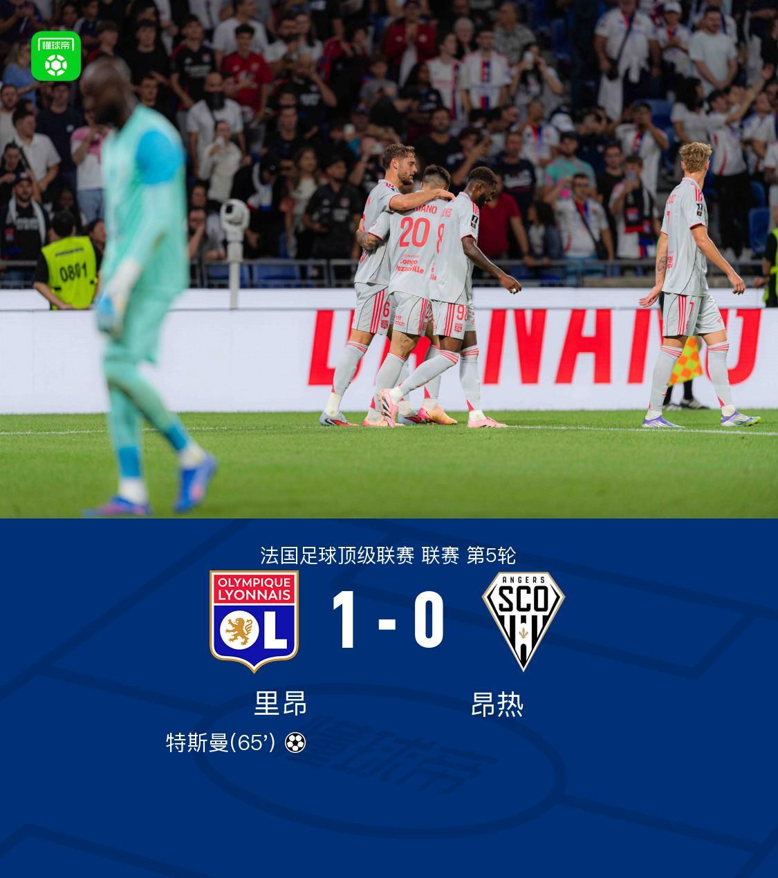 里昂1-0昂热，特斯曼破僵制胜，梅特兰-奈尔斯失良机