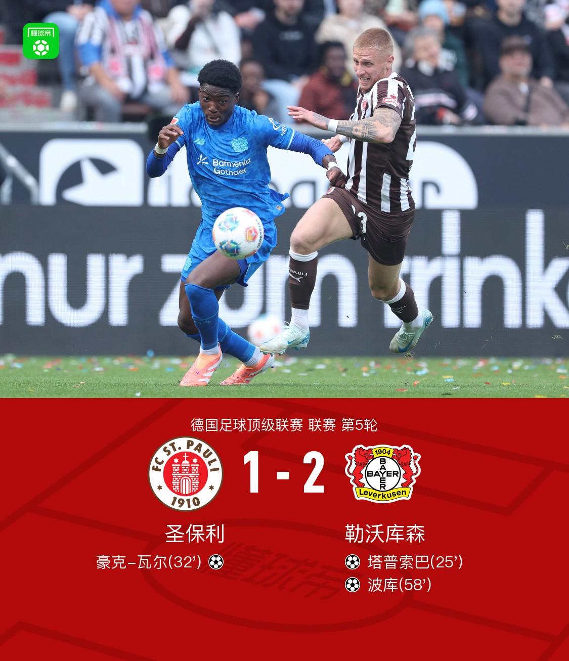 勒沃库森2-1圣保利，波库破门，塔普索巴建功