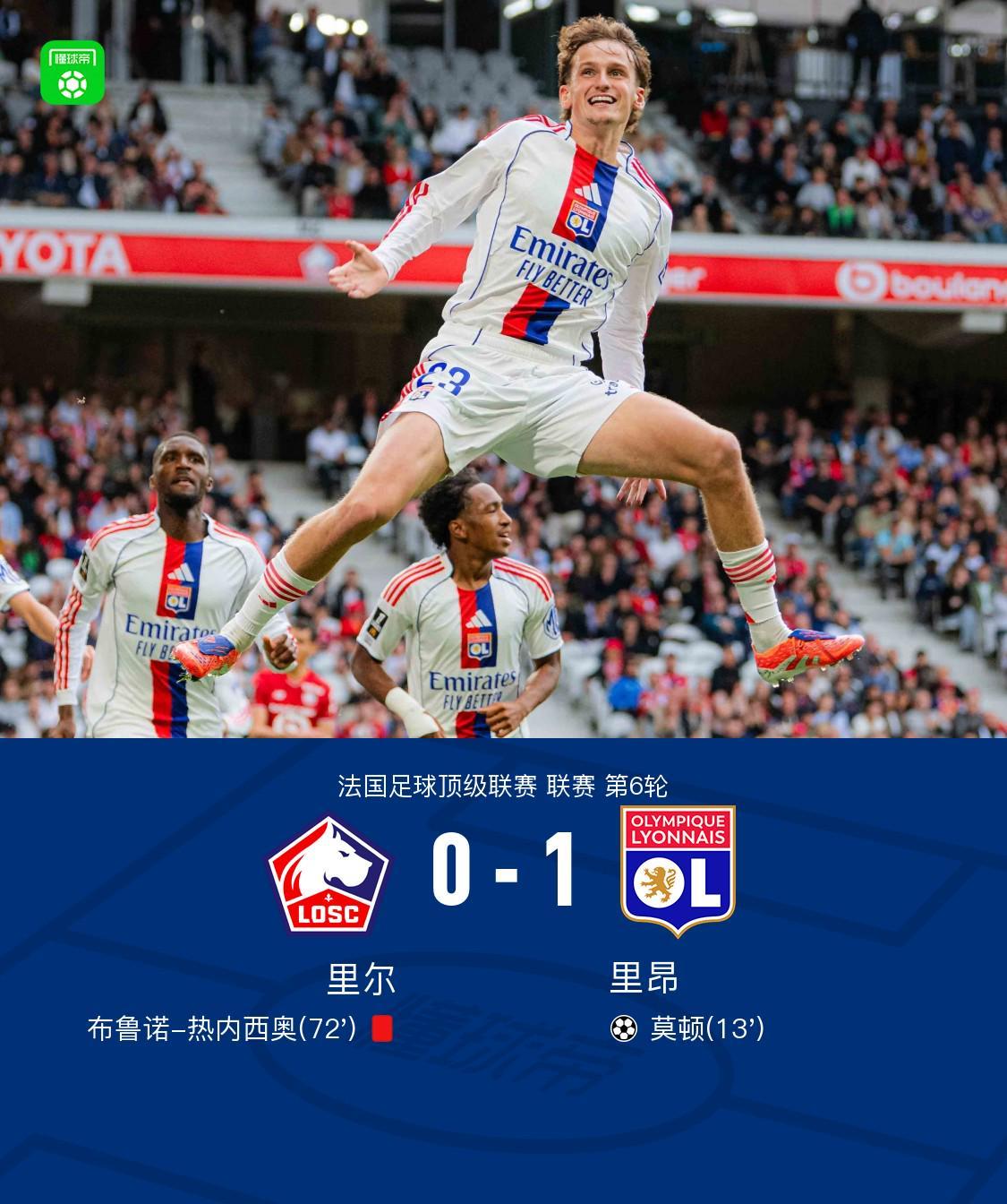 里尔0-1里昂，塔利亚菲科助攻莫顿破门，费利克斯-科雷亚失空门