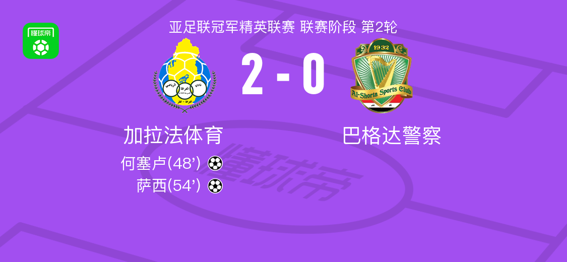 加拉法体育2-0巴格达警察，何塞卢破门，萨西锁定胜局