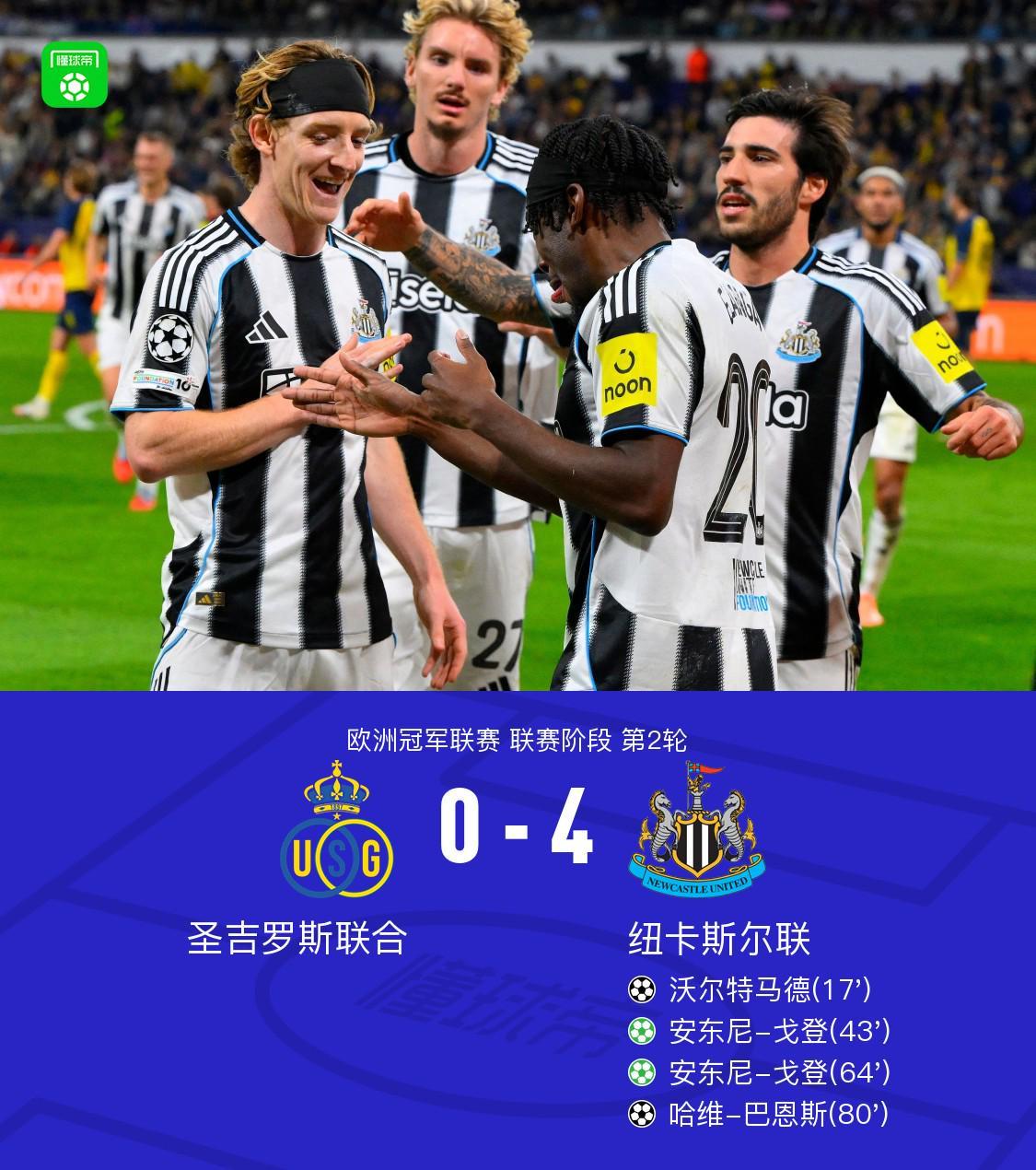 纽卡4-0圣吉罗斯联合，戈登点射双响，沃尔特马德、巴恩斯破门