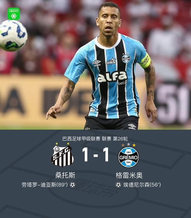 桑托斯1-1格雷米奥，埃德尼尔森首开记录，劳塔罗-迪亚斯扳平比分