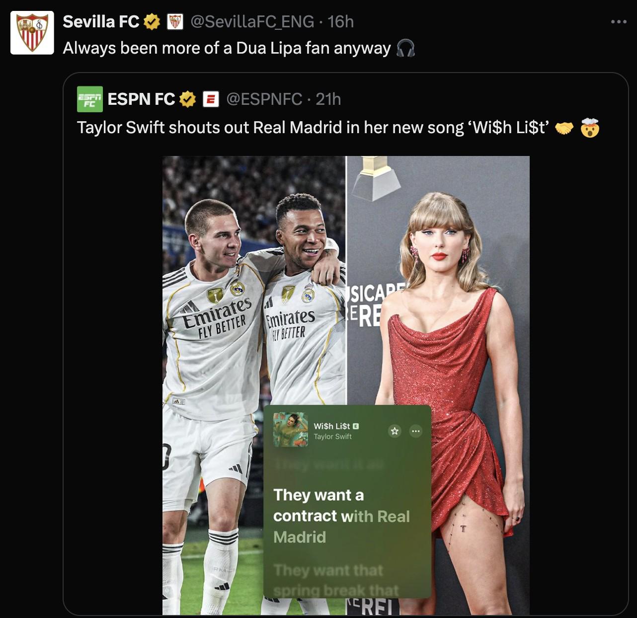 塞维利亚官方打趣霉霉与皇马联动：还是更喜欢Dua Lipa