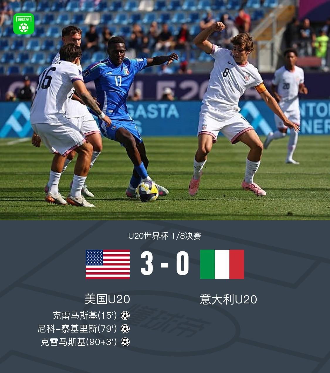 U20美国3-0意大利U20，克雷马斯基双响，察基里斯任意球破门