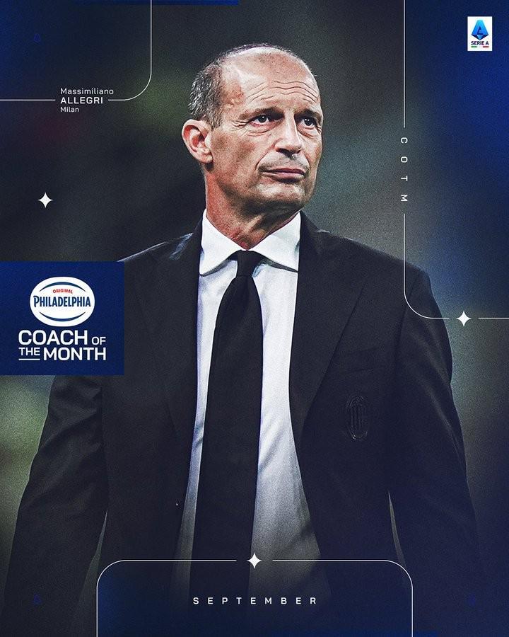 带队3战全胜，米兰主帅阿莱格里当选意甲9月最佳教练