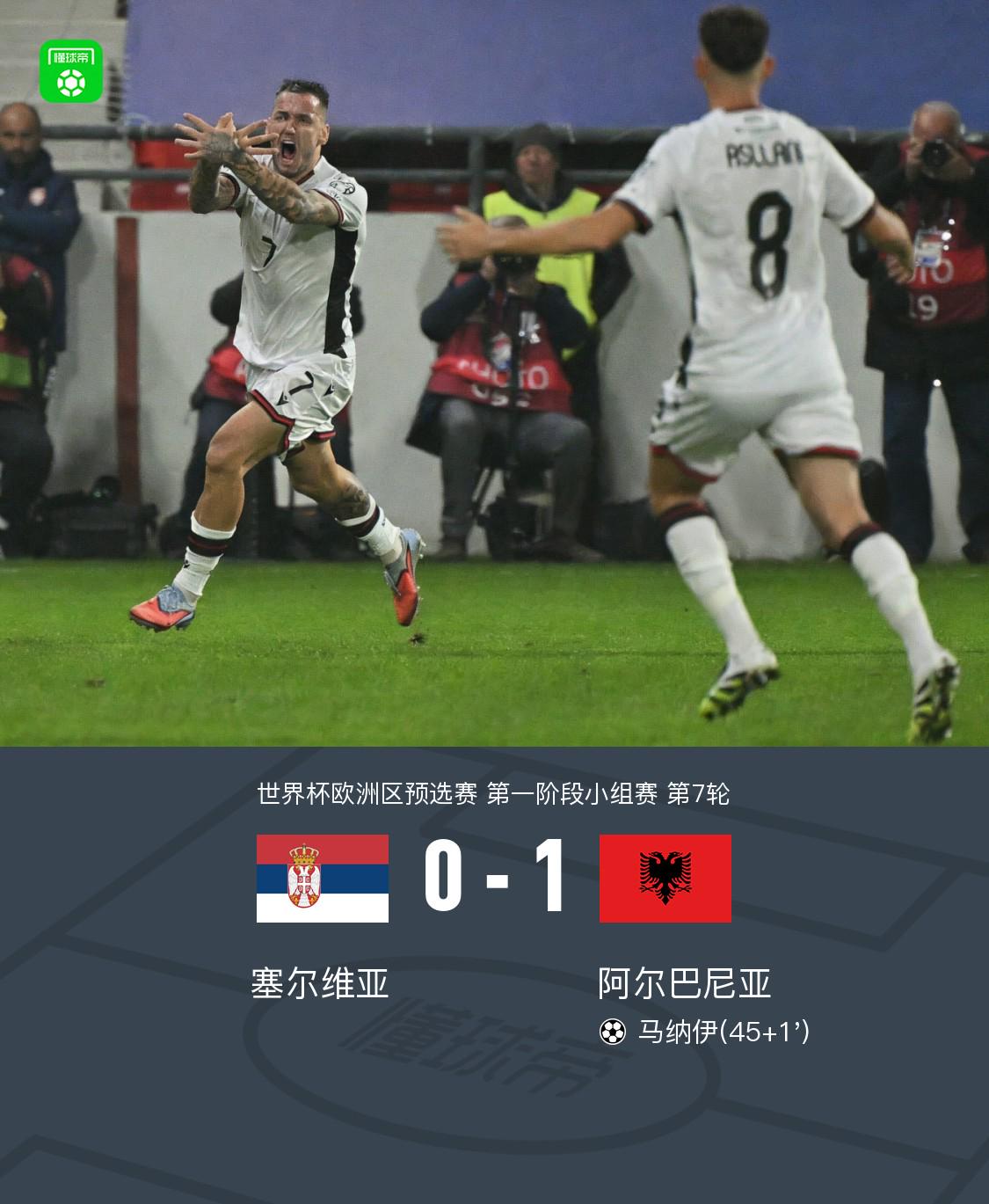 阿尔巴尼亚1-0塞尔维亚，马纳伊制胜球