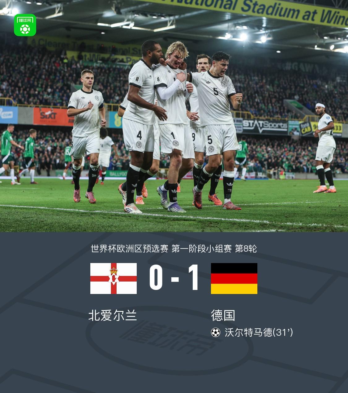 德国1-0客胜北爱尔兰，沃尔特马德处子球，阿德耶米失单刀