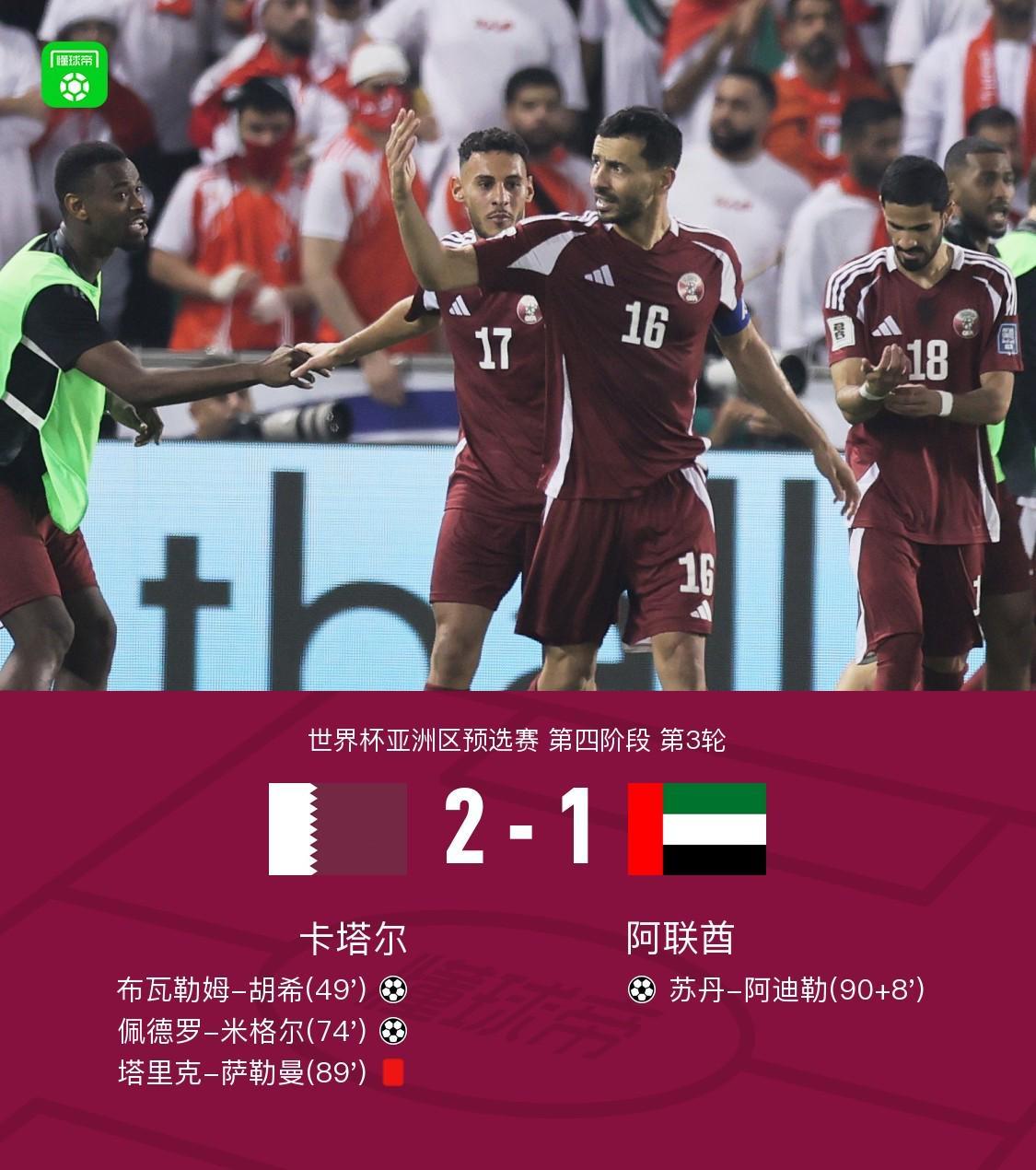 卡塔尔2-1阿联酋晋级世界杯，胡希、米格尔破门，阿菲夫两传