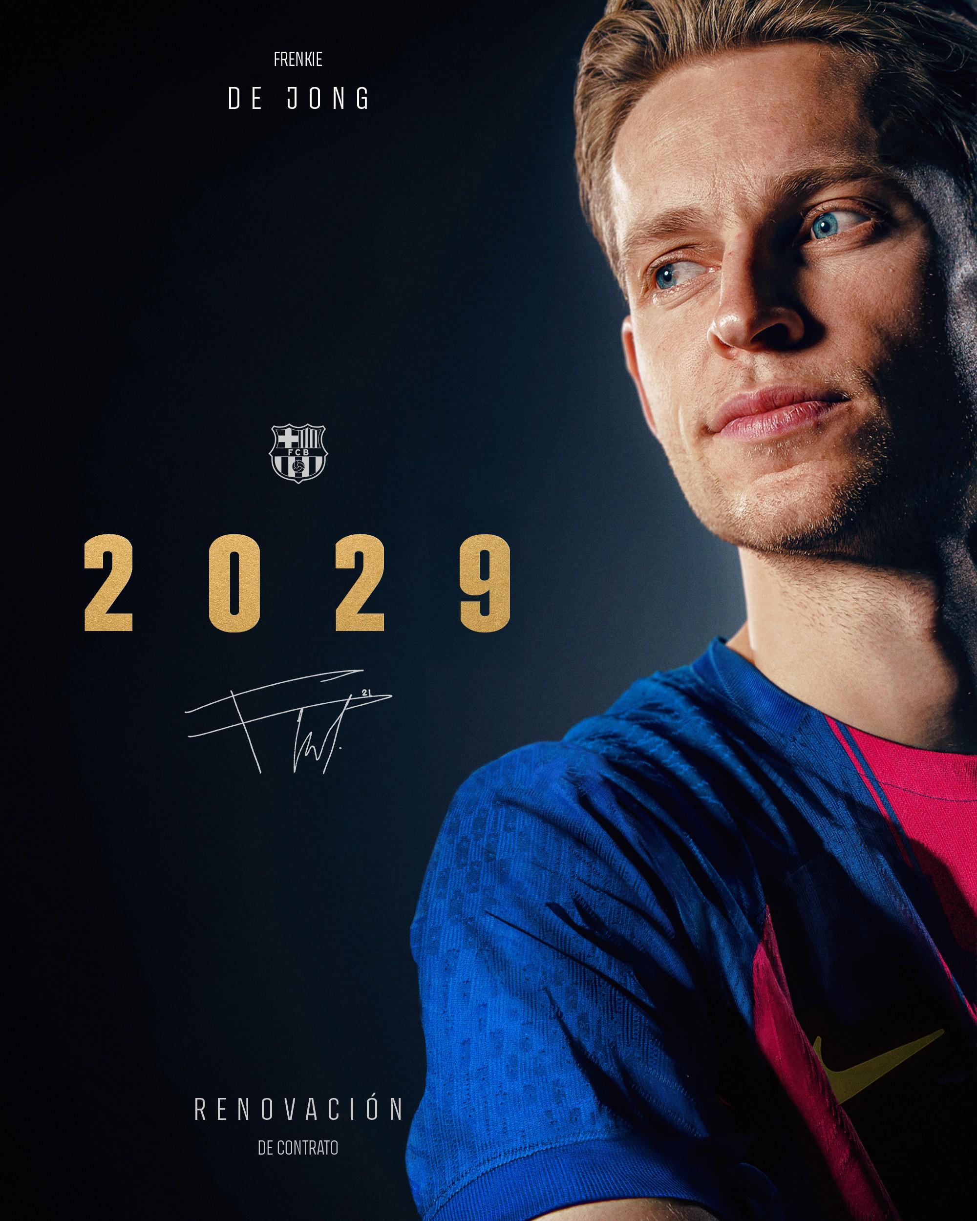 官方：巴萨与德容续约至2029年