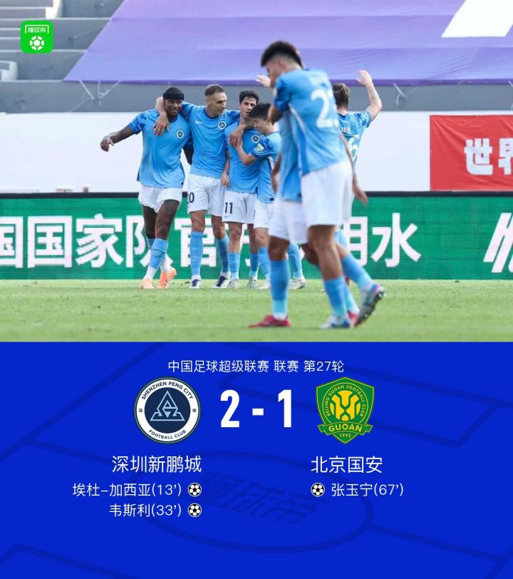 国安客场1-2新鹏城，韦斯利、埃杜-加西亚传射，张玉宁破门