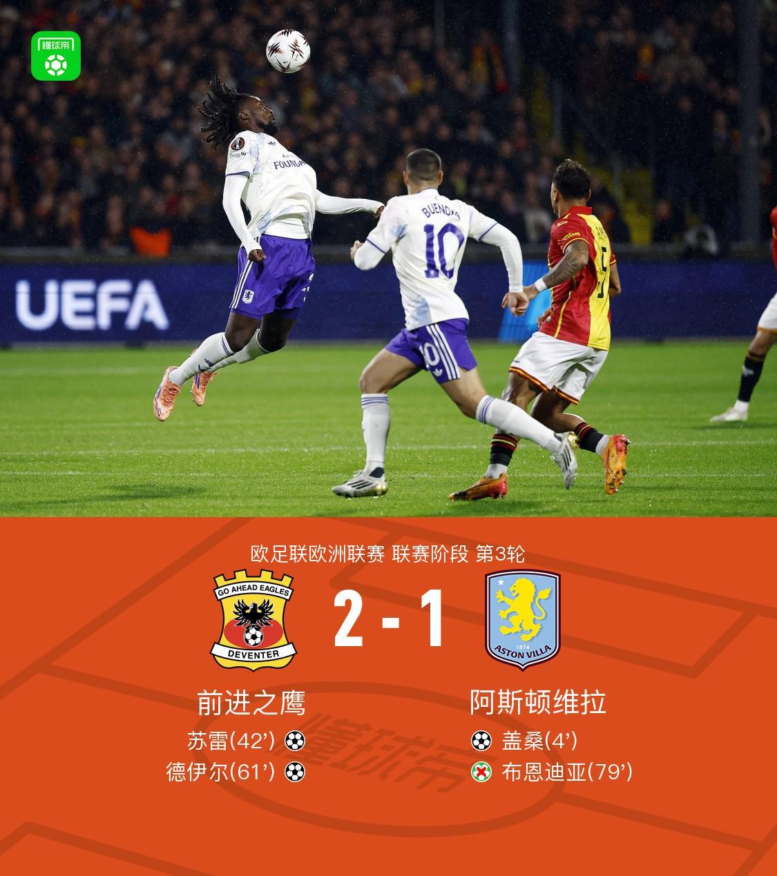 维拉客场1-2前进之鹰，苏雷、德伊尔破门，布恩迪亚失点