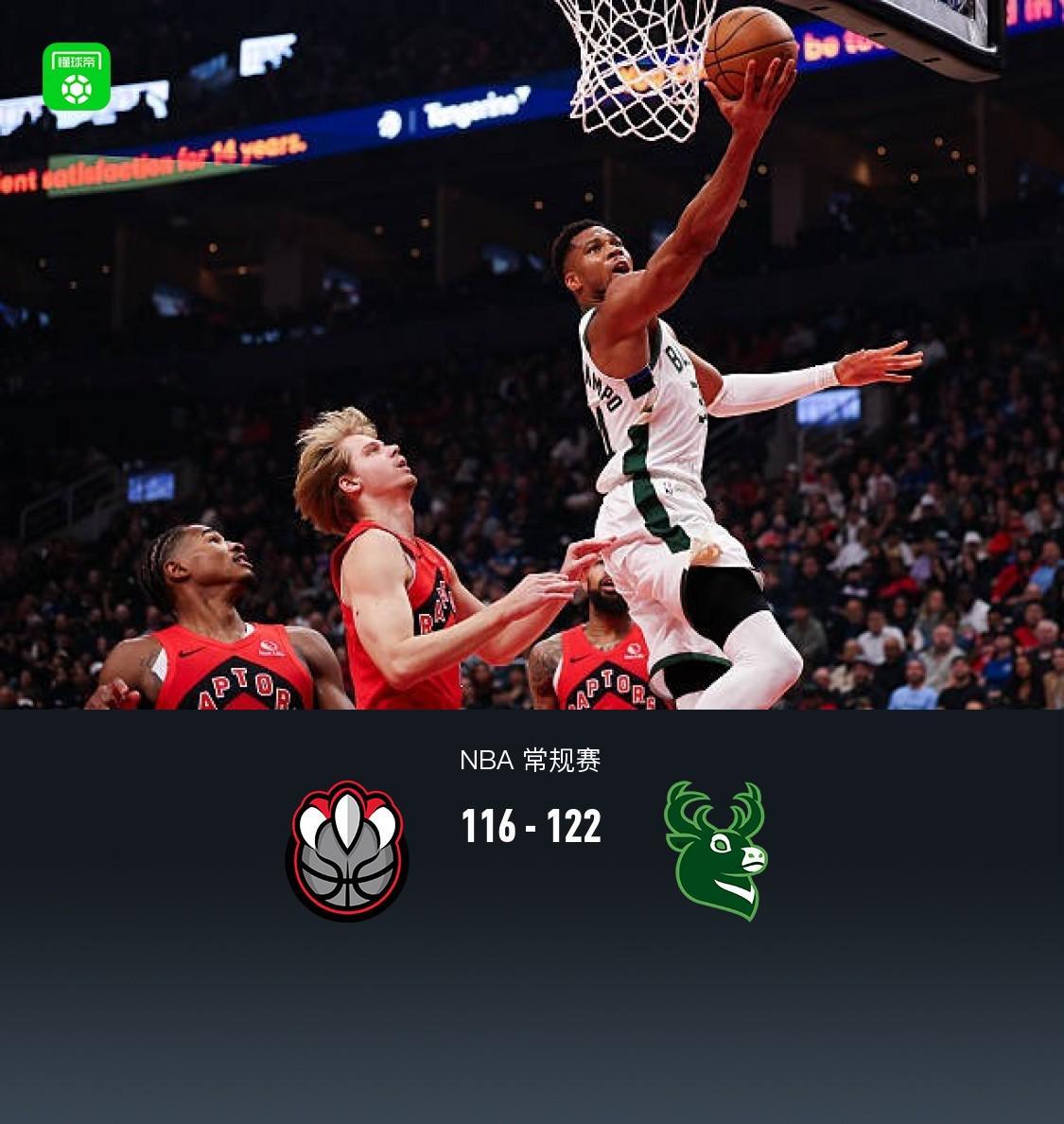 雄鹿122-116猛龙，字母31+20+7，英格拉姆29+6