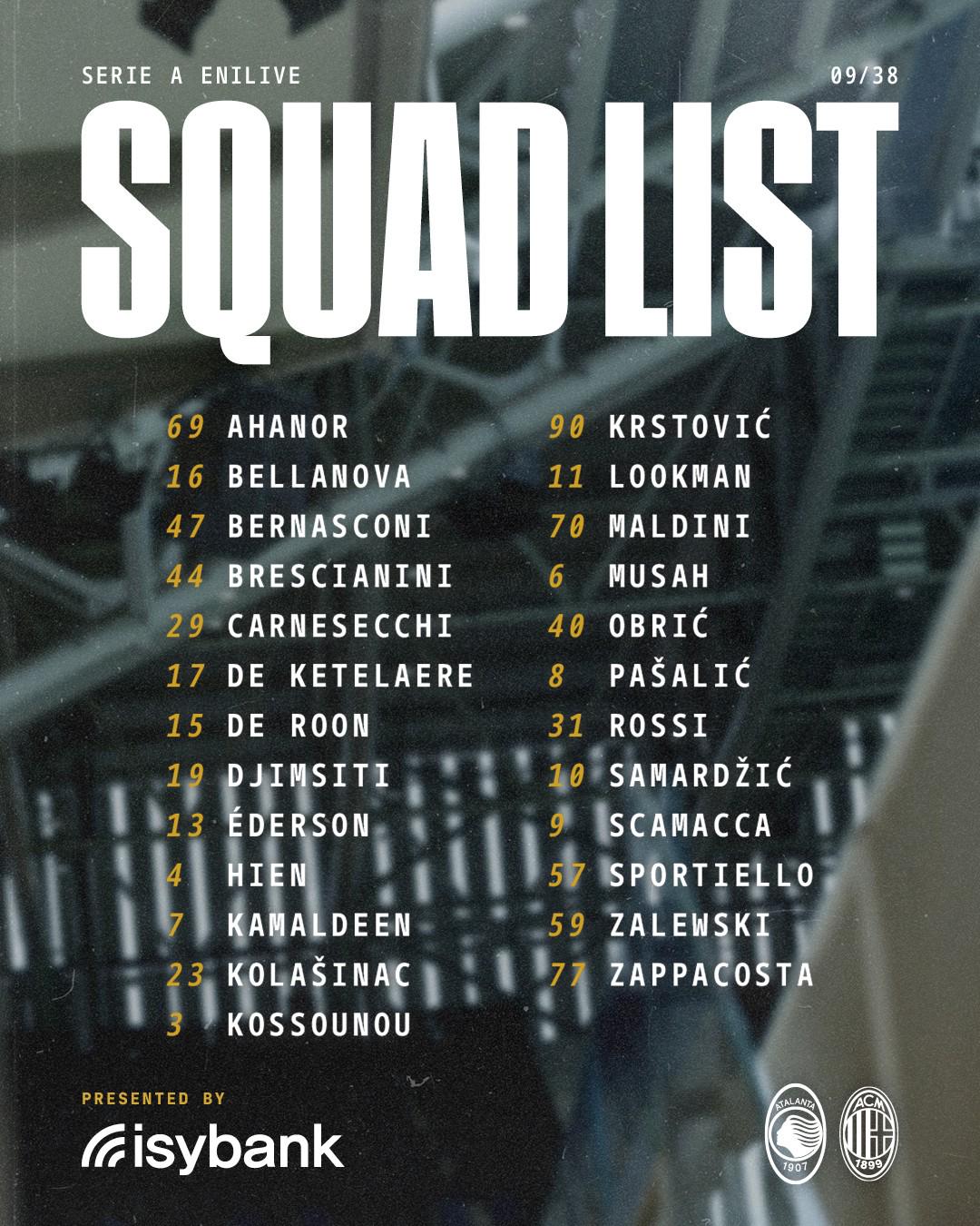 亚特兰大战米兰大名单：CDK、穆萨、丹尼尔-马尔蒂尼在列