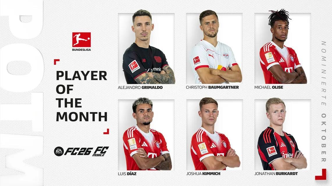 德甲10月最佳球员候选：奥利塞、迪亚斯、格里马尔多等人在列