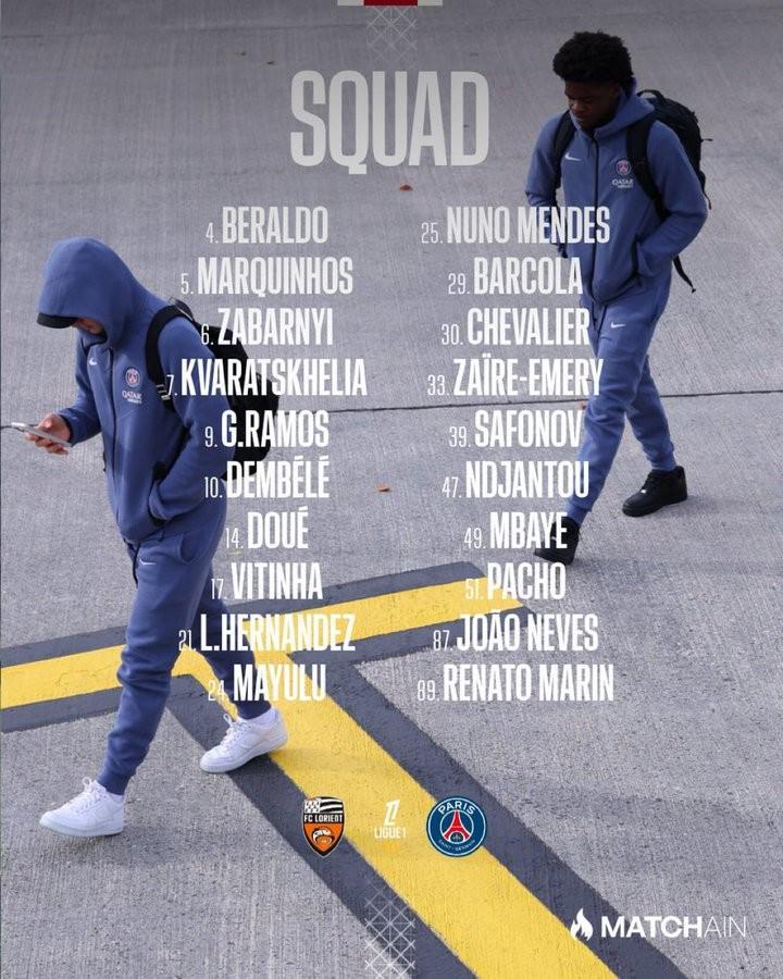 巴黎客战洛里昂大名单：内维斯回归，阿什拉夫、李刚仁缺阵