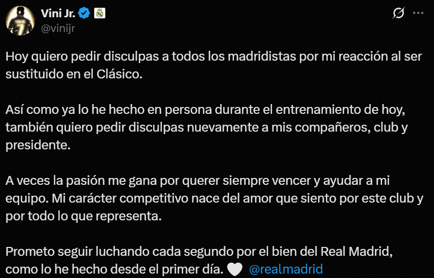 维尼修斯：有时候热情会让我失去理智，向所有马德里球迷道歉