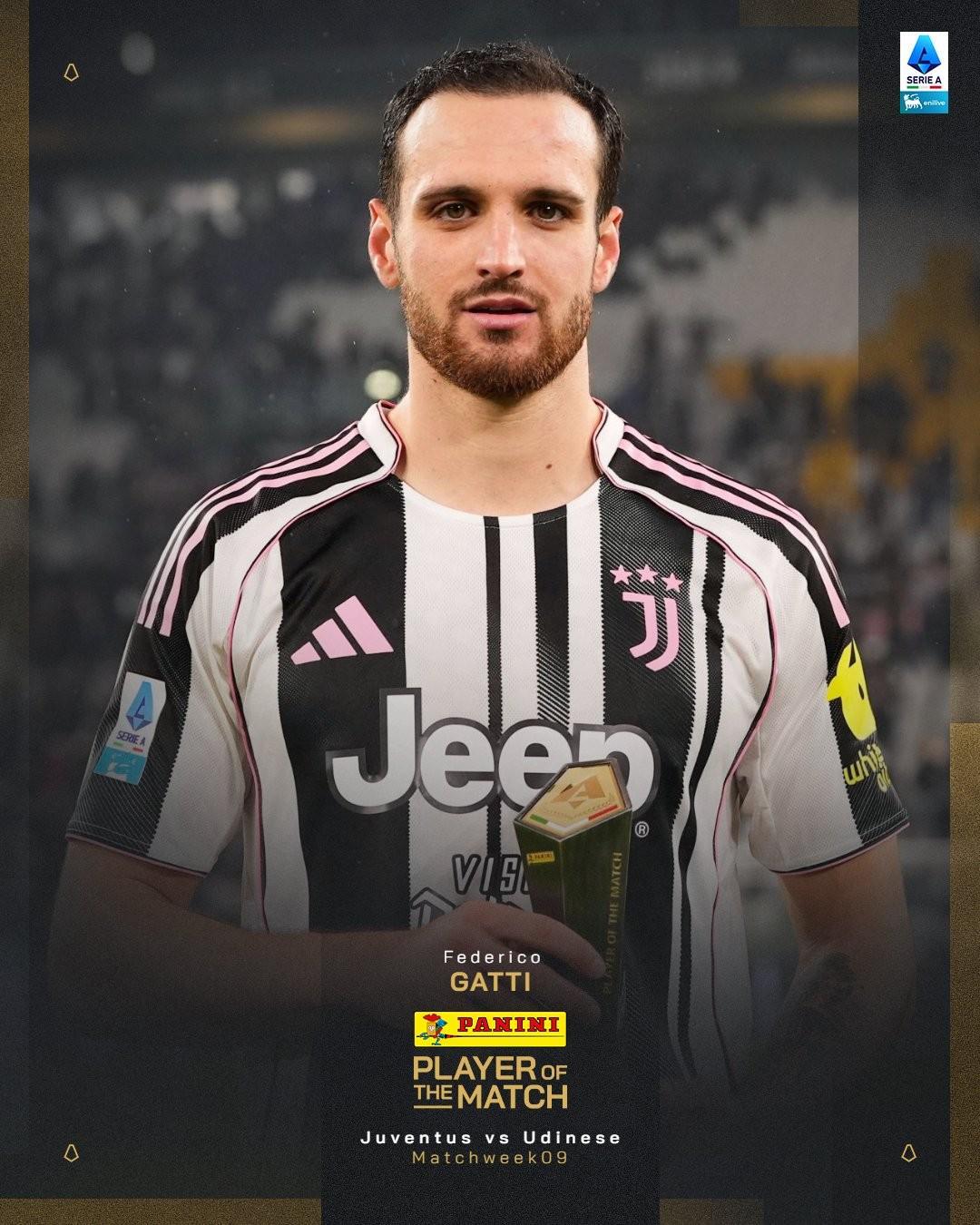 打进一球，费代里科-加蒂当选尤文vs乌迪内斯全场最佳