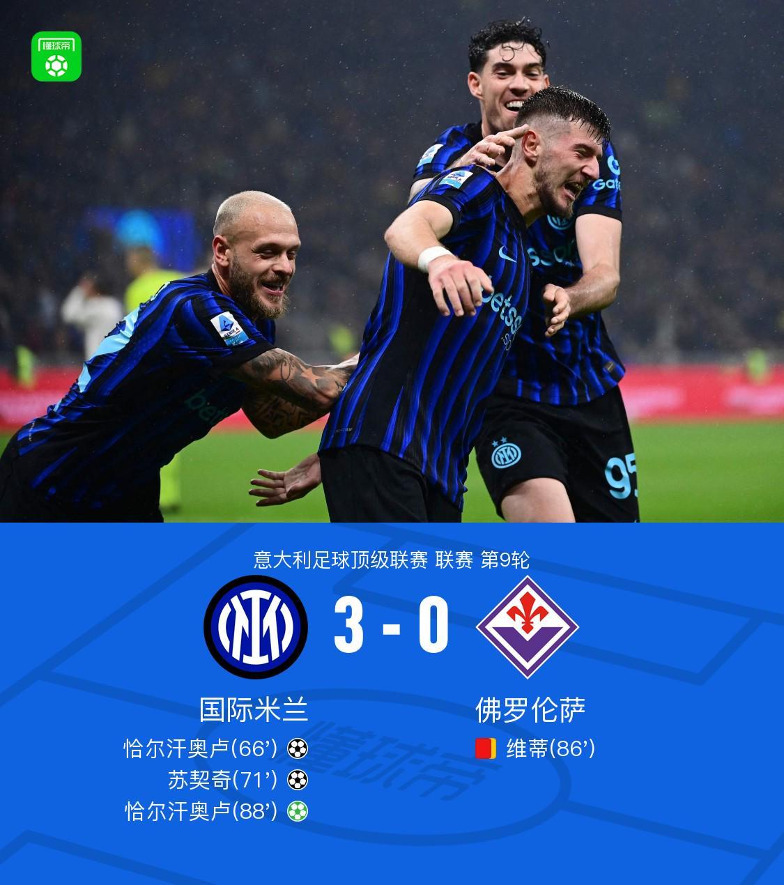剑南春｜国米3-0十人佛罗伦萨，恰尔汗奥卢双响，苏契奇建功