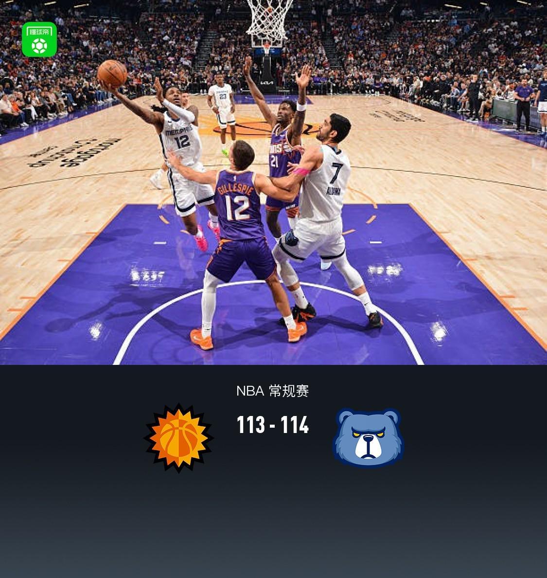 灰熊114-113险胜太阳，莫兰特抛投准绝杀得26+7+7，布克空砍32分