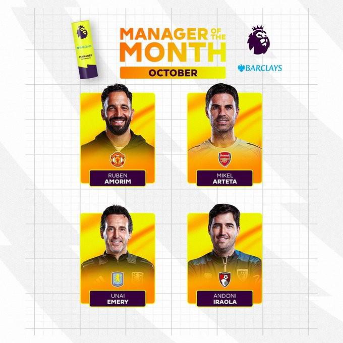 英超10月最佳主帅候选：阿莫林、阿尔特塔、埃梅里、伊劳拉