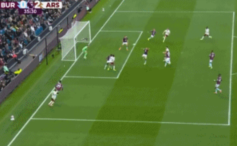 第35分钟，特罗萨德助攻赖斯头球破门，阿森纳客场2-0领先！