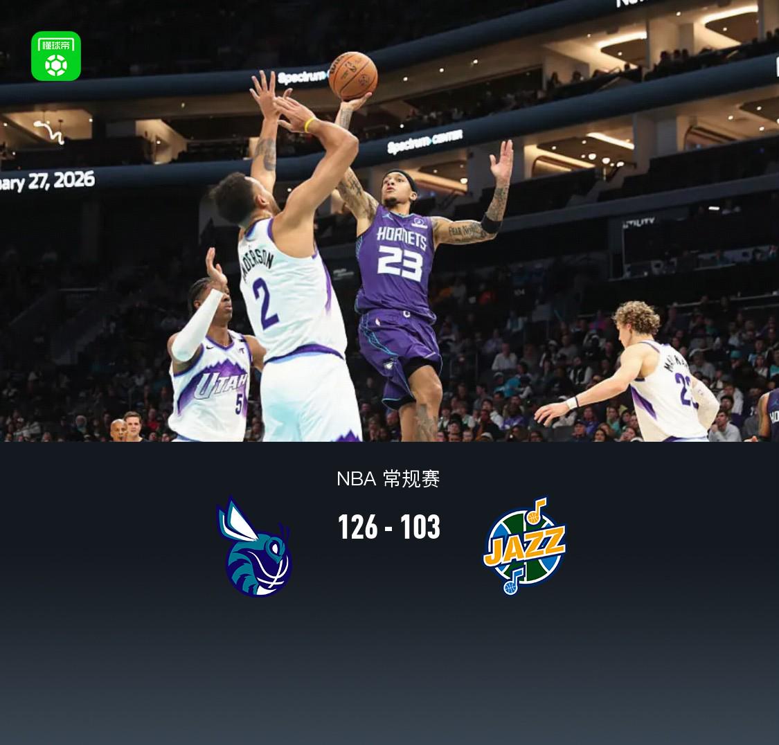 黄蜂126-103大胜爵士，布里奇斯29+4+6，马尔卡宁29分