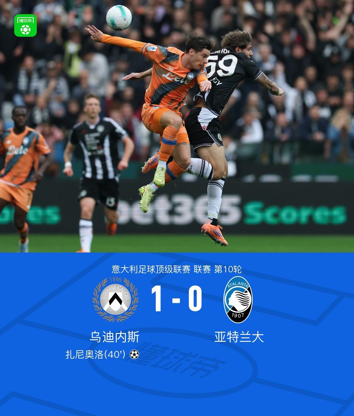 乌迪内斯1-0亚特兰大，扎尼奥洛一锤定音