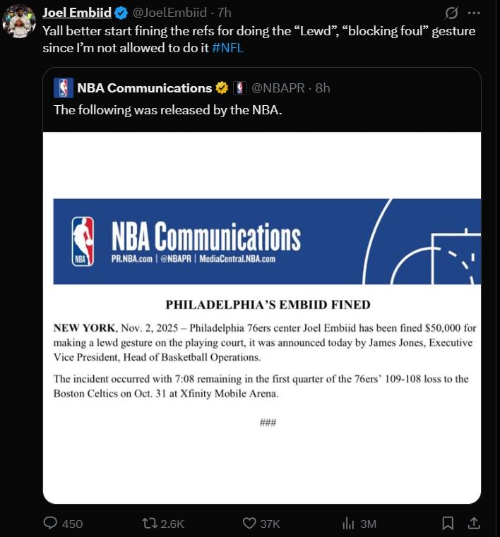 恩比德：若我不被允许做“猥亵”的“阻挡犯规”手势，那裁判也受罚吧