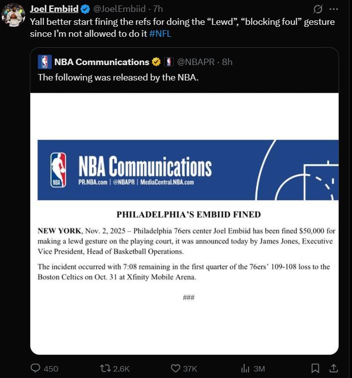 恩比德：若我不被允许做“猥亵”的“阻挡犯规”手势，那裁判也受罚吧