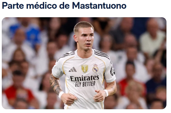 皇马官方：马斯坦托诺耻骨受伤，恢复时间待定