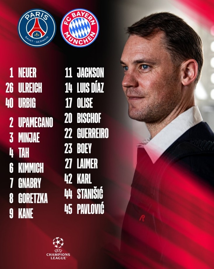 拜仁vs巴黎大名单：凯恩领衔，奥利塞、迪亚斯在列