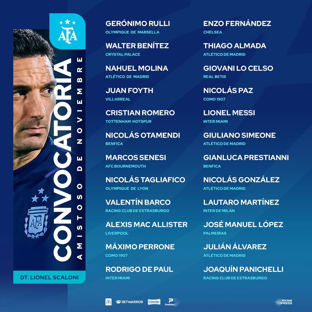 阿根廷大名单：梅西领衔，劳塔罗、小蜘蛛、恩佐、麦卡在列