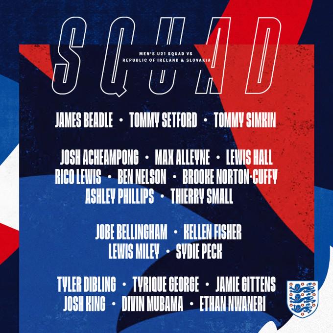 英格兰U21队11月大名单：里科-刘易斯、小贝林、吉滕斯入选