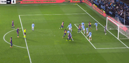 第73分钟，帽子戏法！拉什福德角球助攻莱万头球后蹭入网，塞尔塔2-4巴萨