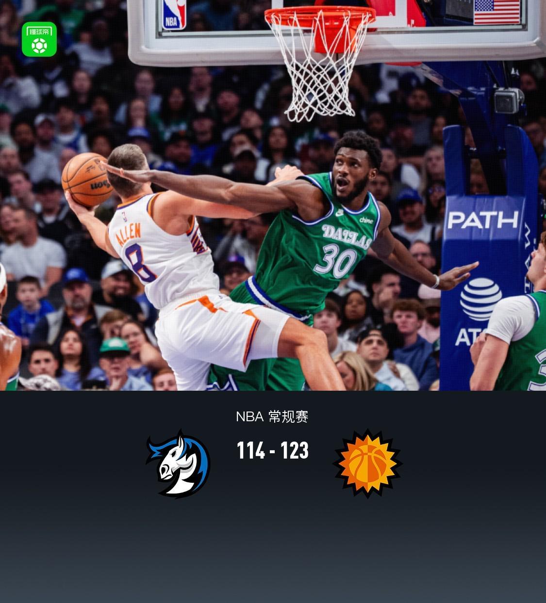 独行侠114-123不敌太阳掉至西部倒二，布克24+9，阿伦23分